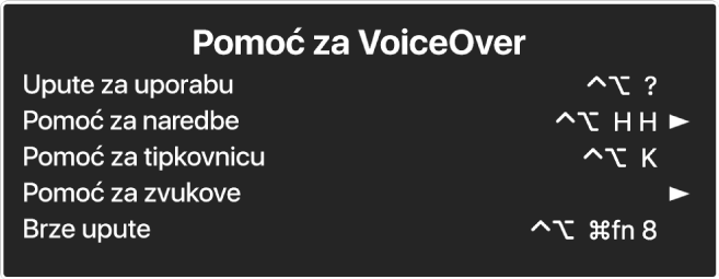 Izbornik Pomoć za VoiceOver je prozor koji odozgo nadolje navodi: Online pomoć, Pomoć za naredbe, Pomoć za tipkovnicu, Pomoć za zvukove, Upute za brzo pokretanje i Upute za početak rada. S desne strane svake stavke nalazi se VoiceOver naredba koja prikazuje stavku, ili strelica za pristup podizborniku.