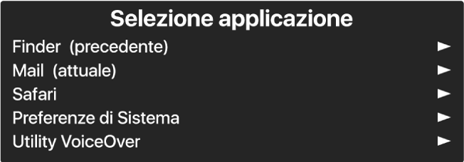 “Selezione applicazione” è un pannello che mostra le app aperte. Alla destra di ogni elemento in elenco è presente una freccia.