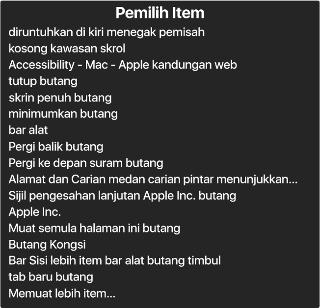 Pemilih Item adalah panel yang menyenaraikan item seperti kawasan skrol kosong, butang tutup, bar alat dan butang Kongsi, antara yang lain.