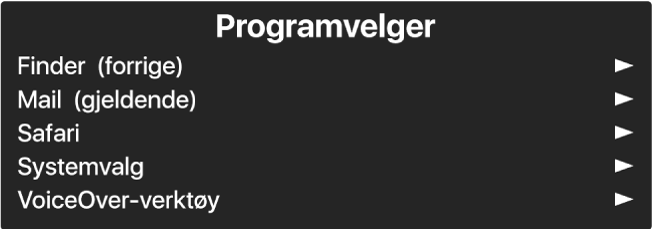 Programvelger er et panel som viser åpne programmer. Til høyre for hvert objekt i listen er det en pil.