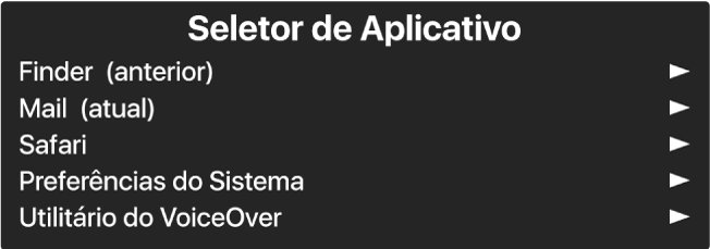 O Seletor de Aplicativo é um painel que mostra os aplicativos abertos no momento. Há uma seta à direita de cada item na lista.