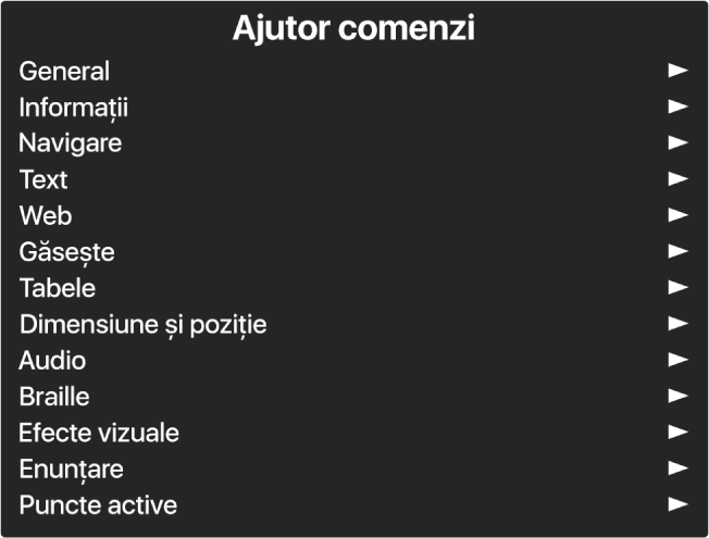 Meniul Ajutor Comenzi este un panou care listează categoriile de comenzi, începând cu General și terminând cu Punctele active. În dreapta fiecărui articol din listă se află o săgeată pentru accesarea submeniului articolului.