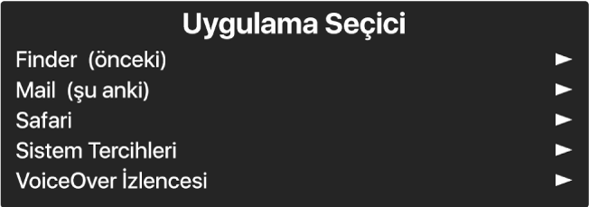 Uygulama Seçici, o anda açık olan uygulamaları gösteren bir paneldir. Listedeki her öğenin sağında bir ok vardır.