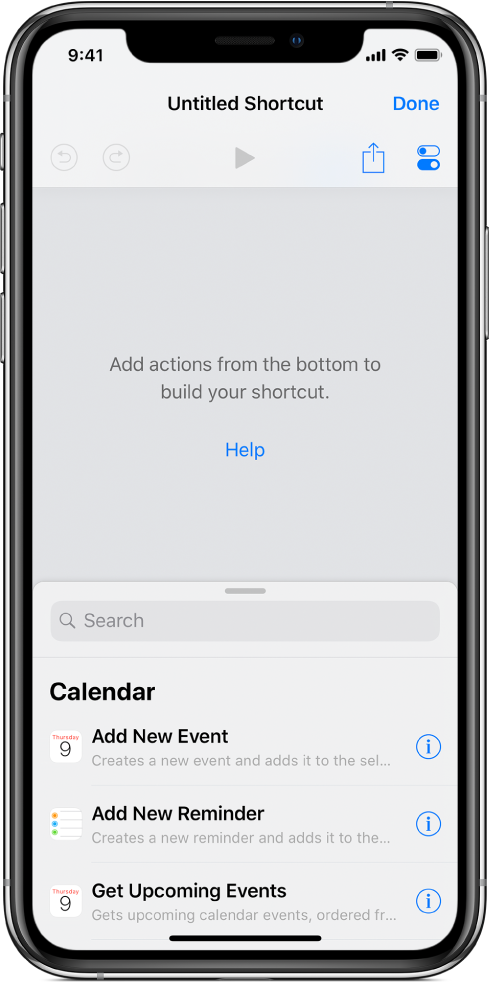 Empty shortcut editor on an iPhone.