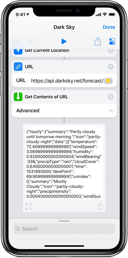 Results of the Dark Sky API request shortcut, showing the weather forecast for Alcatraz.