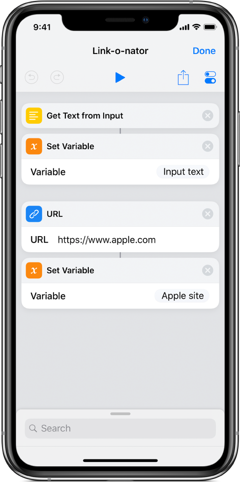 Set Variable actions in shortcut editor.