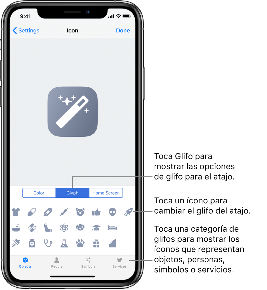 La pantalla Ícono mostrando las opciones de glifo de los atajos.
