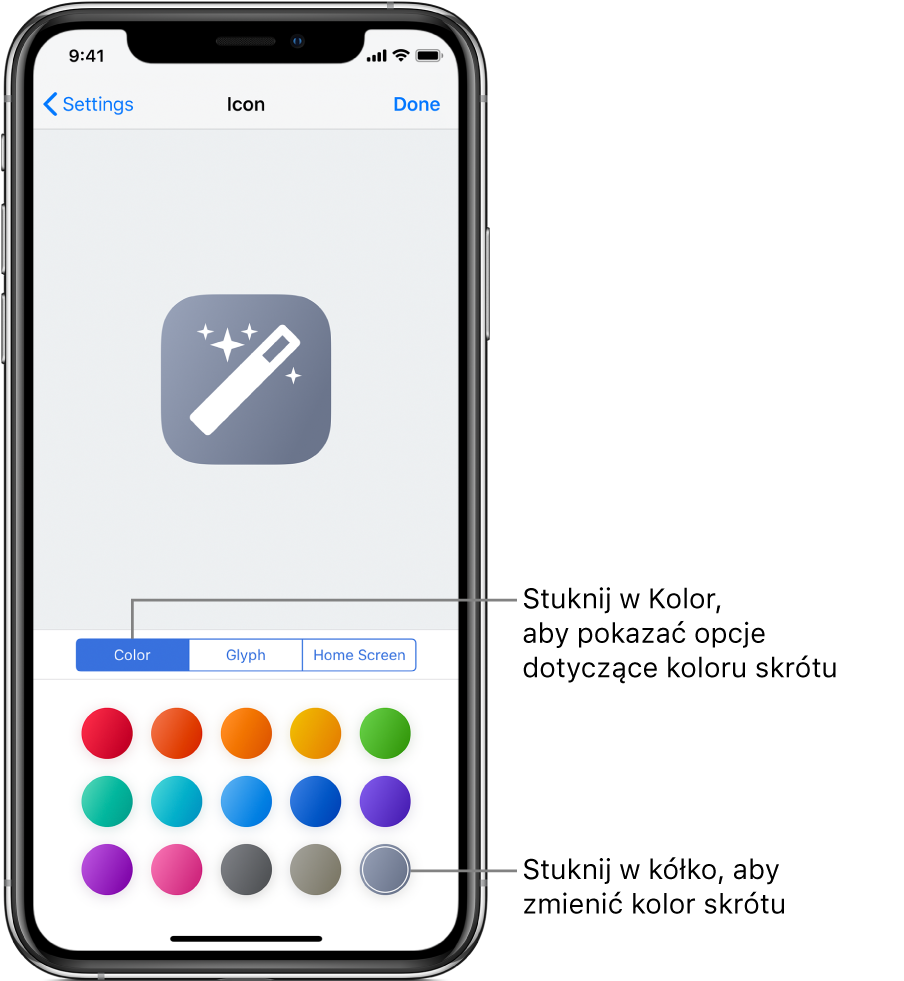 Ekran ikony przedstawiający dostępne kolory skrótu.