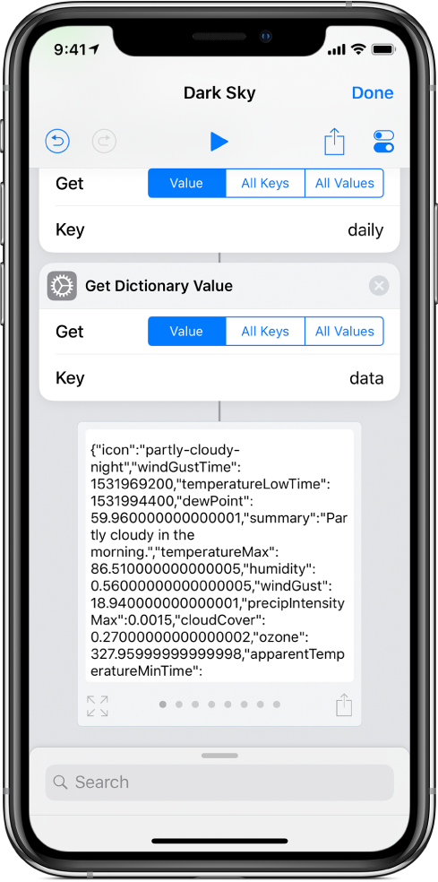 捷徑編輯器中的「取得辭典值」動作，其鍵值設為 data。