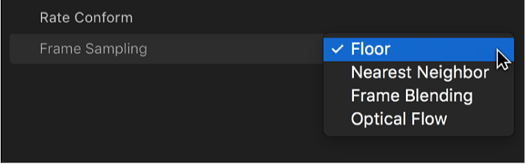 The Frame Sampling pop-up menu in the Rate Conform section of the Video inspector