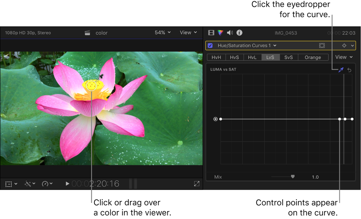 The eyedropper positioned over a color in the viewer, and the Color inspector showing control points on the Luma vs Sat curve