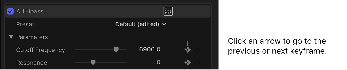 The arrow button next to the Keyframe button for an effect in the Audio inspector