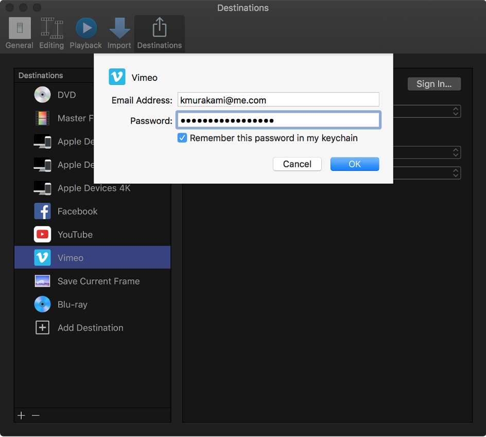 A window for entering the Vimeo account name and password for a Vimeo destination