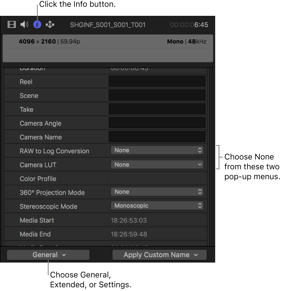 The Info inspector showing the General metadata view, with both RAW to Log Conversion and Camera LUT set to None