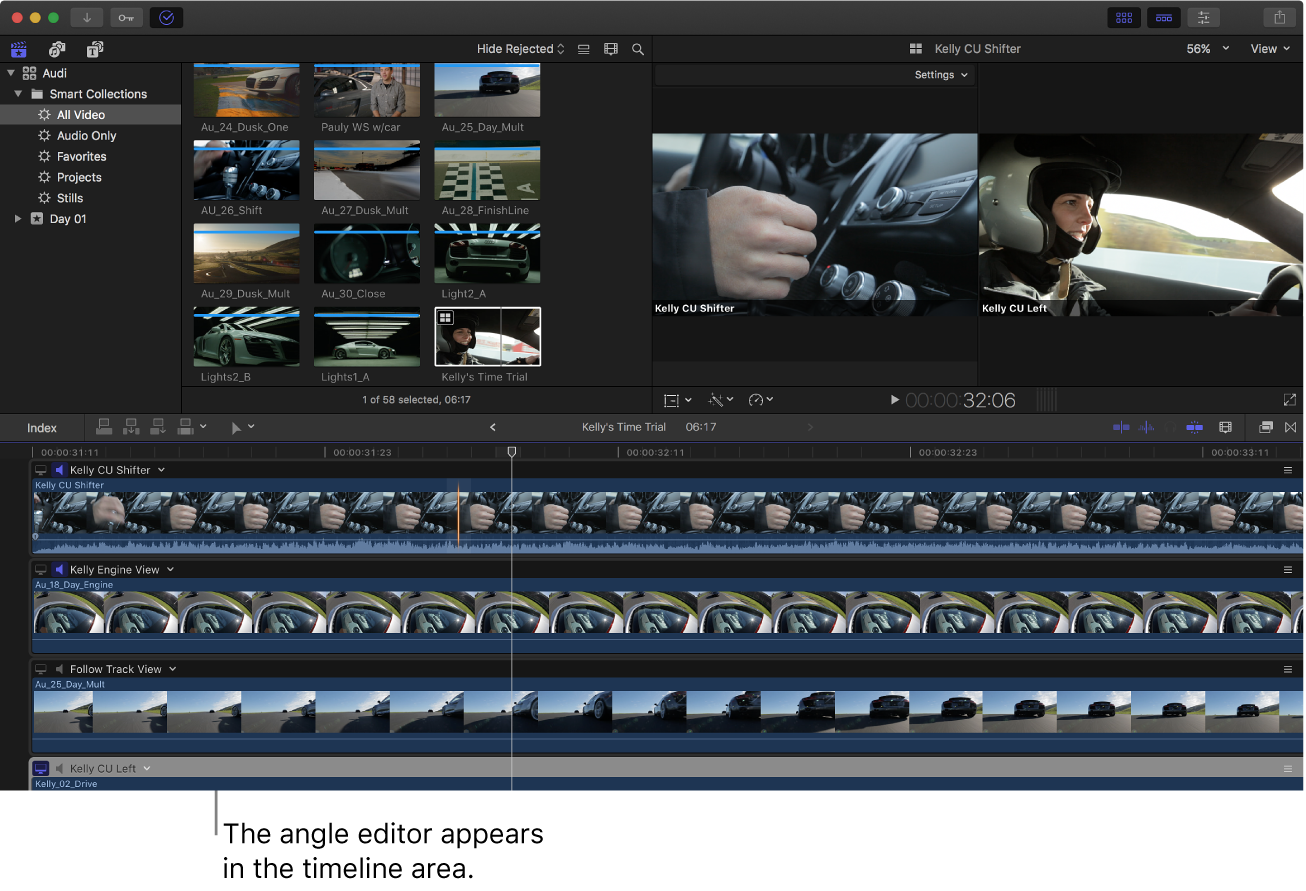 The Final Cut Pro window with the angle editor shown in the timeline area