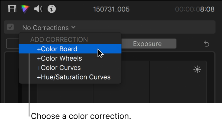 Color Board being chosen from the Add Correction section of the pop-up menu at the top of the Color inspector