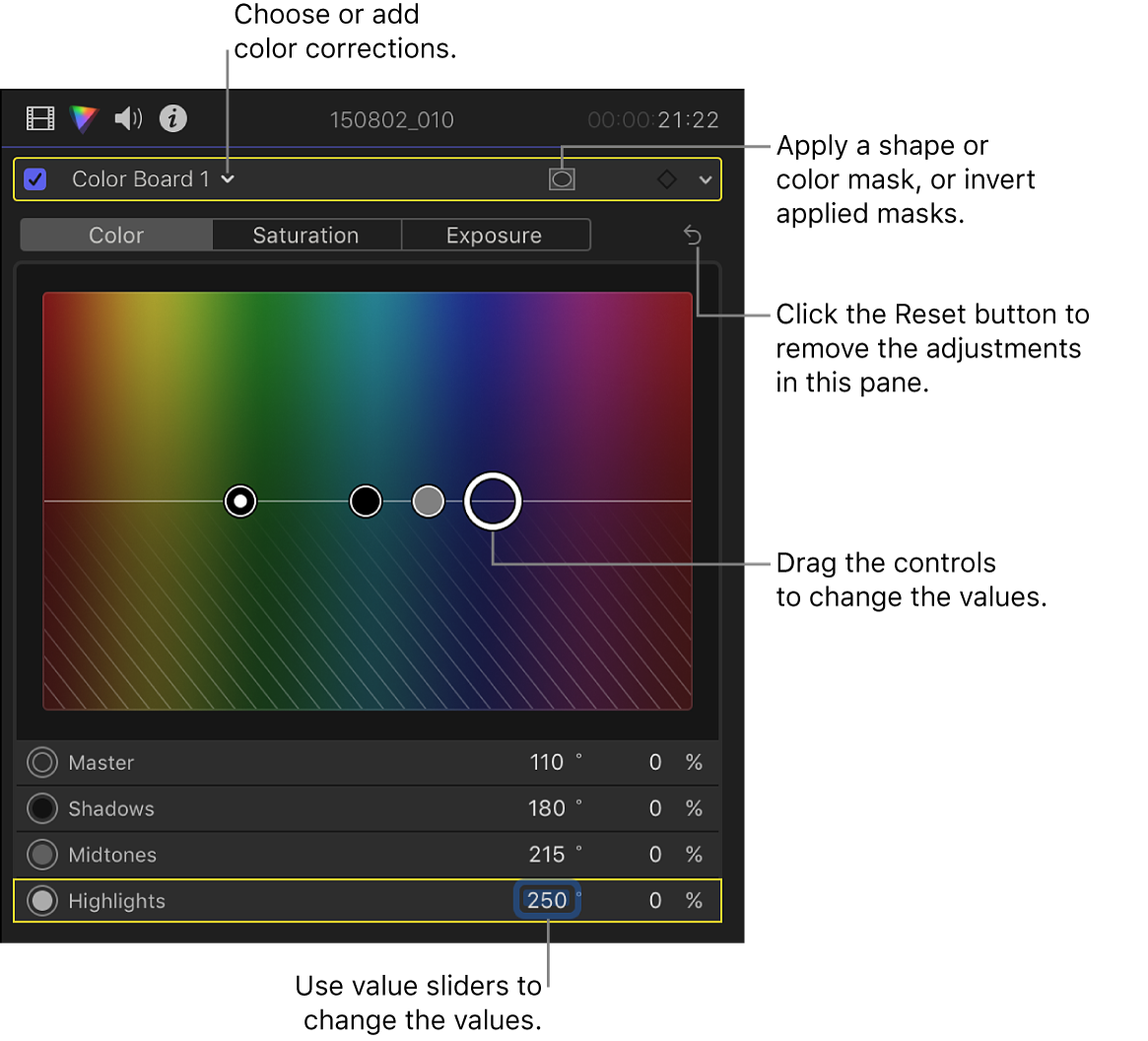 Controles del tablero de color