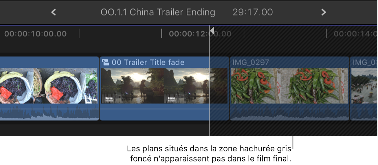 Plan composé dans la timeline avec zone hachurée indiquant les données qui n’apparaissent pas dans le film final
