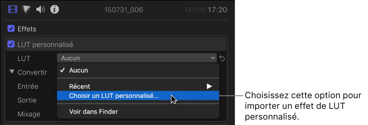 Option « Choisir un LUT personnalisé » choisie dans le menu local LUT dans la section LUT personnalisé de l’inspecteur vidéo