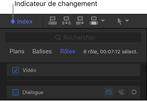 Section supérieure de l’index de la timeline montrant dans le bouton Index l’indicateur de changement en forme de losange