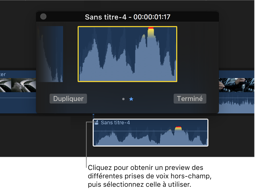 Timeline présentant un plan d’audition avec la fenêtre d’audition au-dessus