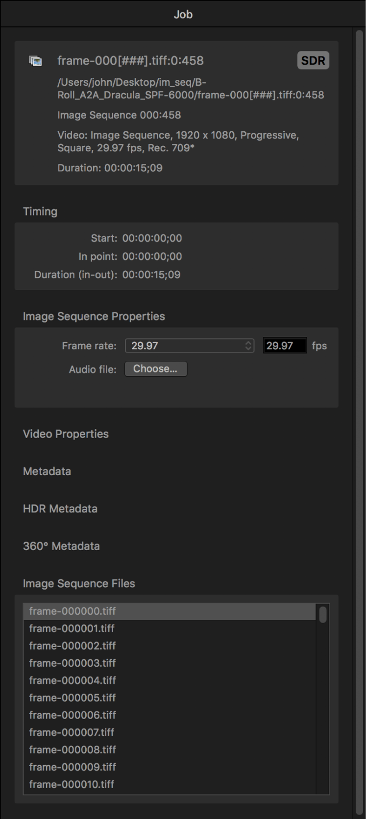 Job inspector showing properties for image sequence