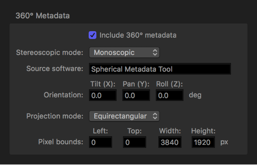 Área “Metadatos de 360º” del inspector de tareas.