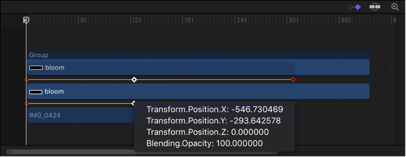 Keyframe-Kontextmenü, das die mit Keyframes versehenen Parameter am aktuellen Bild anzeigt