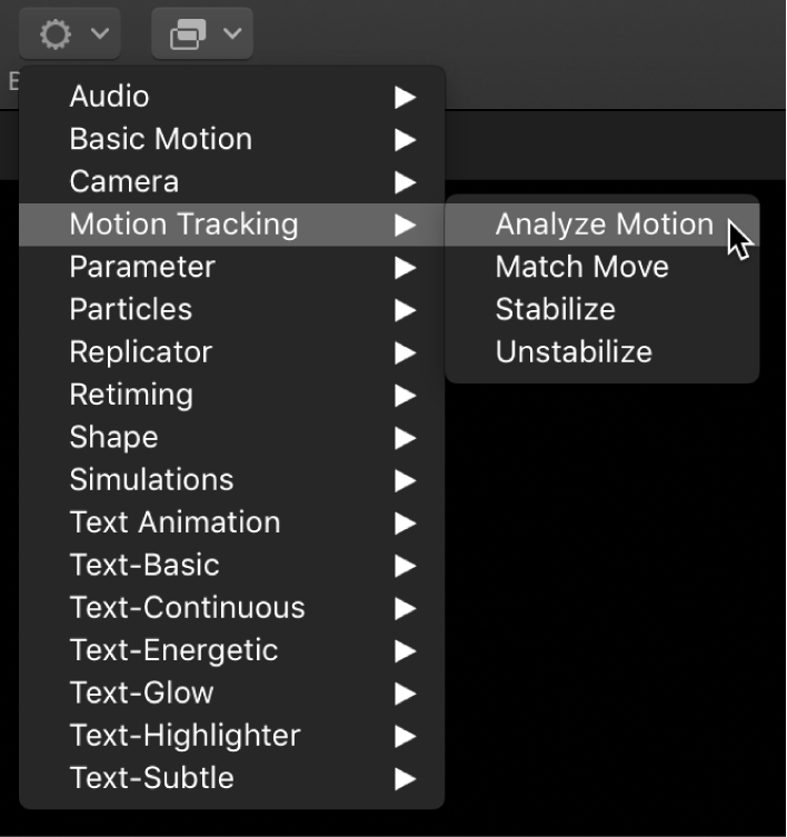 Symbolleiste mit Einblendmenü „Verhalten“ und Verhaltensuntermenü „Motion Tracking“