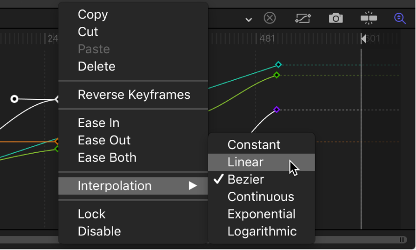 Keyframe-Editor mit dem Untermenü für „Interpolation“ für ein Kurvensegment