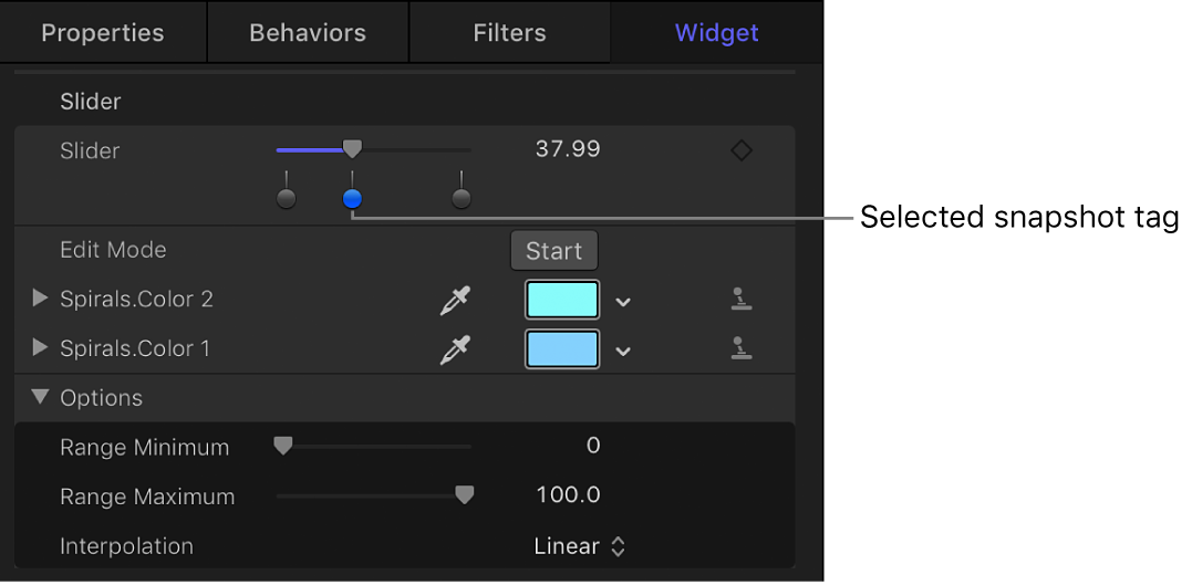 Informationsfenster mit Schnappschussattributen für ein Regler-Widget