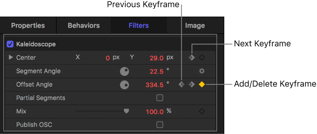 Inspector showing Previous Keyframe, Add/Delete Keyframe, and Next Keyframe controls