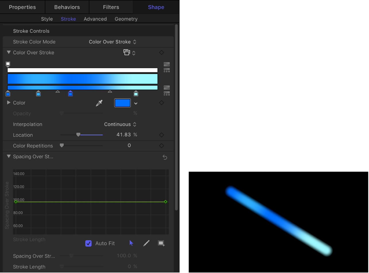 Canvas and Stroke pane showing Spacing Over Stroke mini-curve editor displaying continuous 100% value