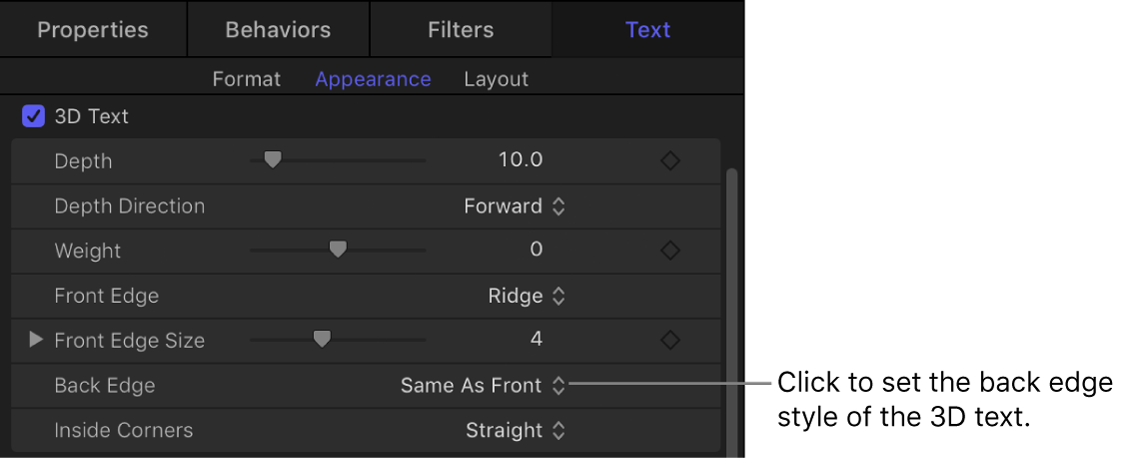 Back Edge parameter in the Appearance pane of the Text Inspector