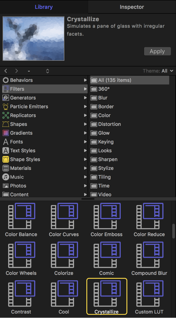 Library showing Filters categories