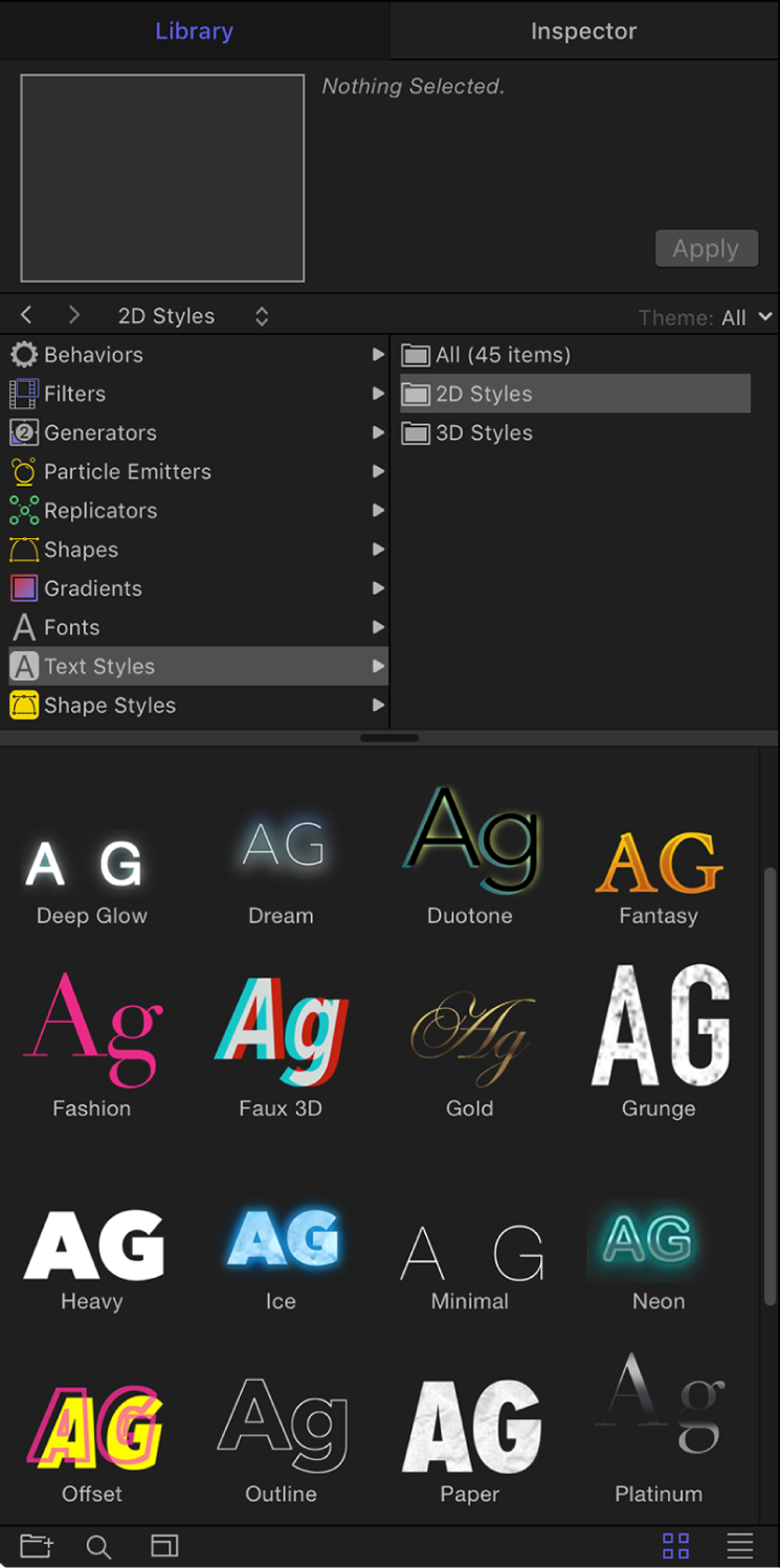 Library showing selected 2D Text Styles folder