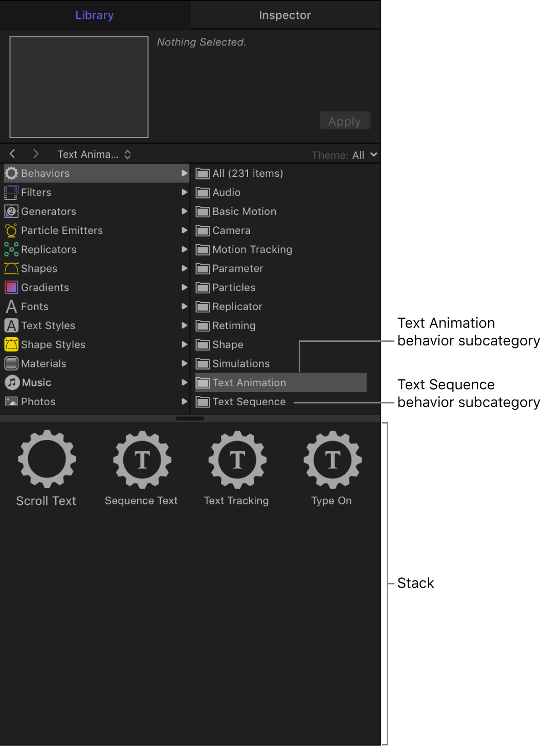 Library showing Text Animation behavior subcategory