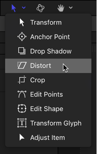 Selecting the Distort tool from the Transform tools pop-up menu