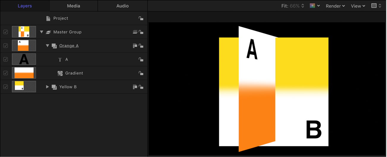 Layers list and canvas showing groups sorted in depth order