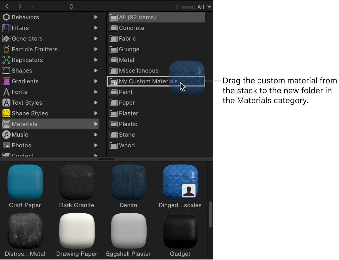 A custom material being dragged to a new folder in the Materials Library