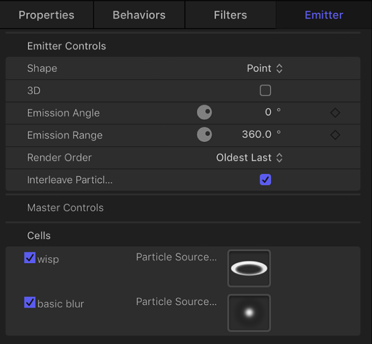 Emitter Inspector showing Master Controls section