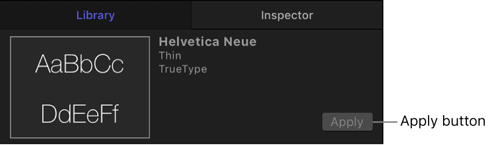 Library preview area showing Apply button for a selected font