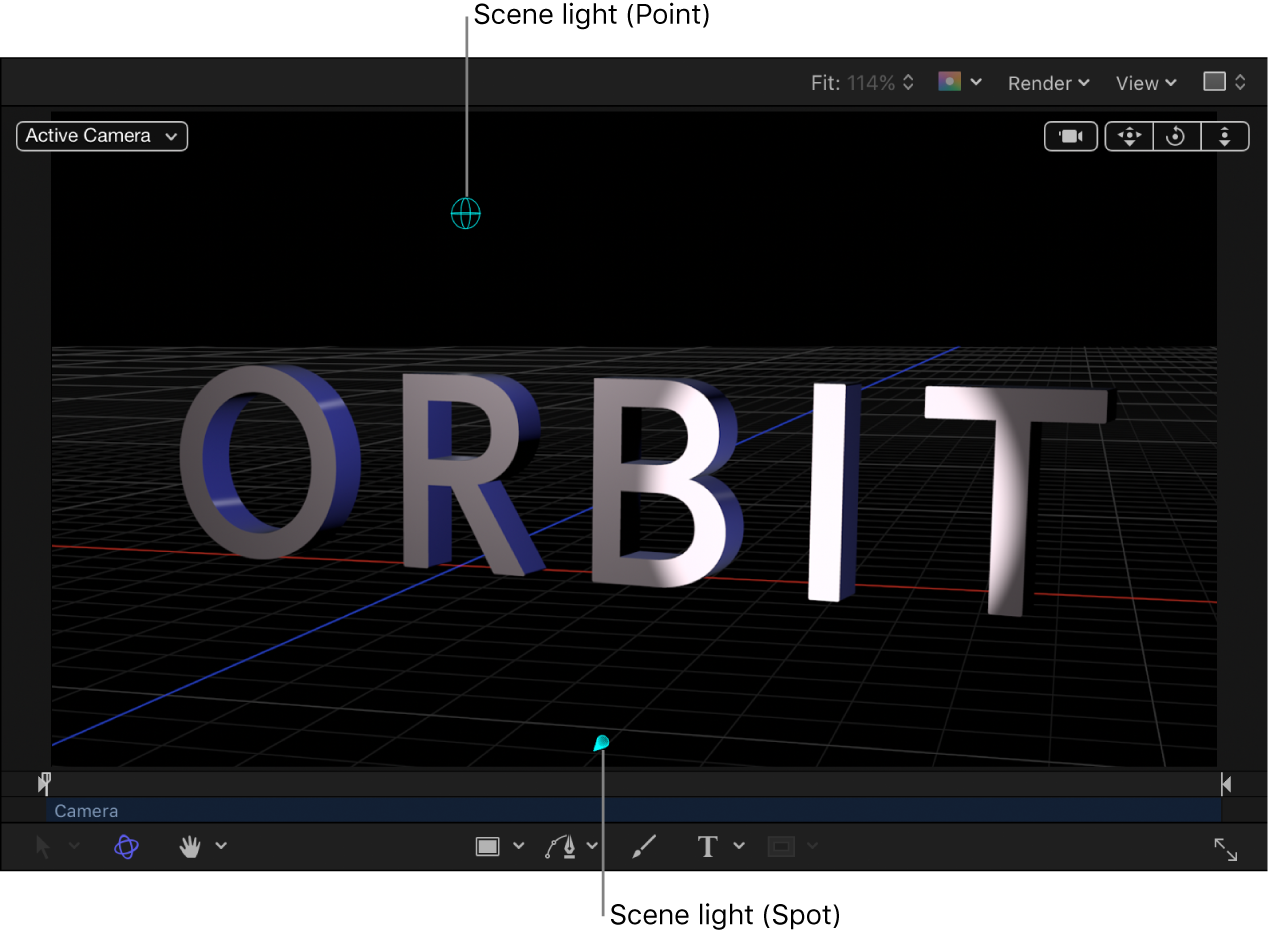 Lienzo que muestra un objeto de texto 3D con una luz de escena