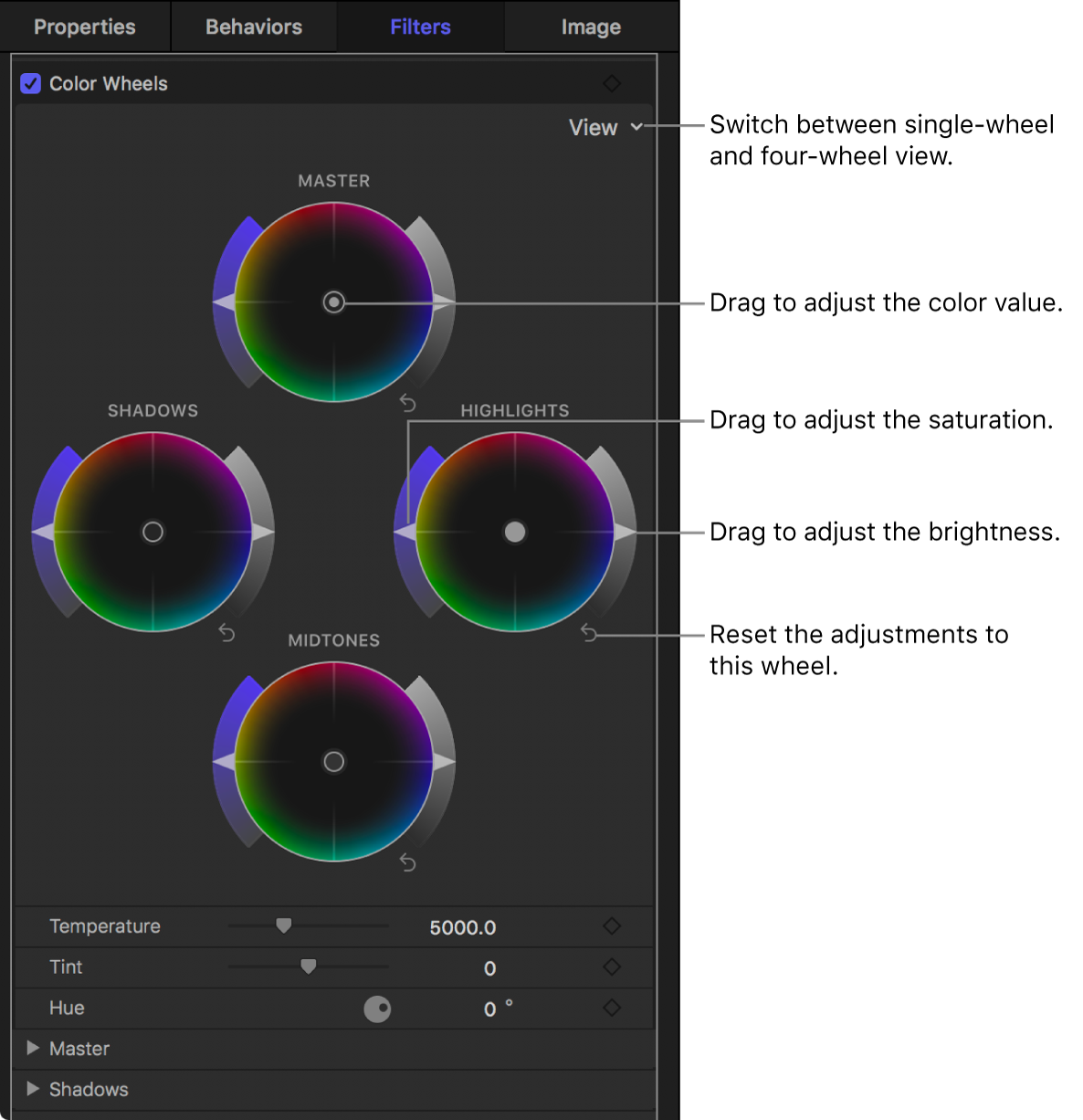 Controles de “Ruedas de color” en el inspector de filtros