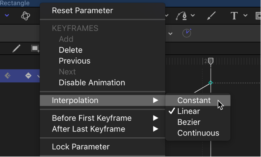 Cambio del método de interpolación para un parámetro completo mediante el menú Animación del editor de fotogramas clave