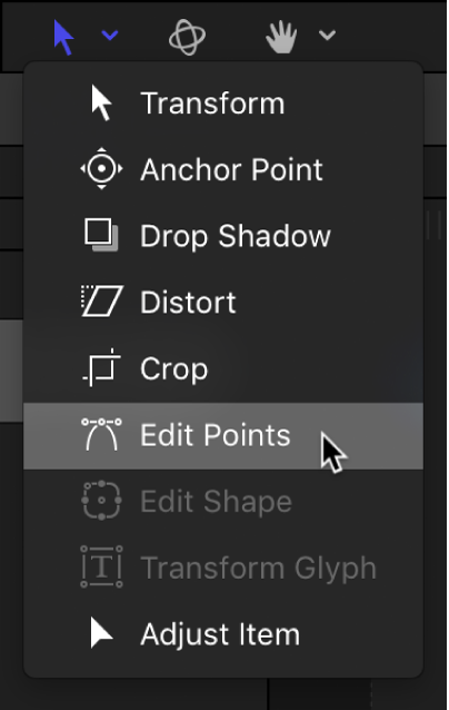 Selección de la herramienta “Editar puntos” en el menú desplegable de herramientas de transformación
