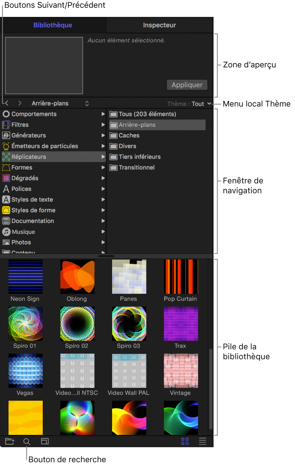 Zones de la bibliothèque : zone d’aperçu, boutons suivant et précédent, menu local Thème, fenêtre de navigation, pile de la bibliothèque et bouton de recherche