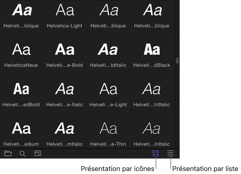 Boutons Présentation par icônes et Présentation en liste dans la bibliothèque