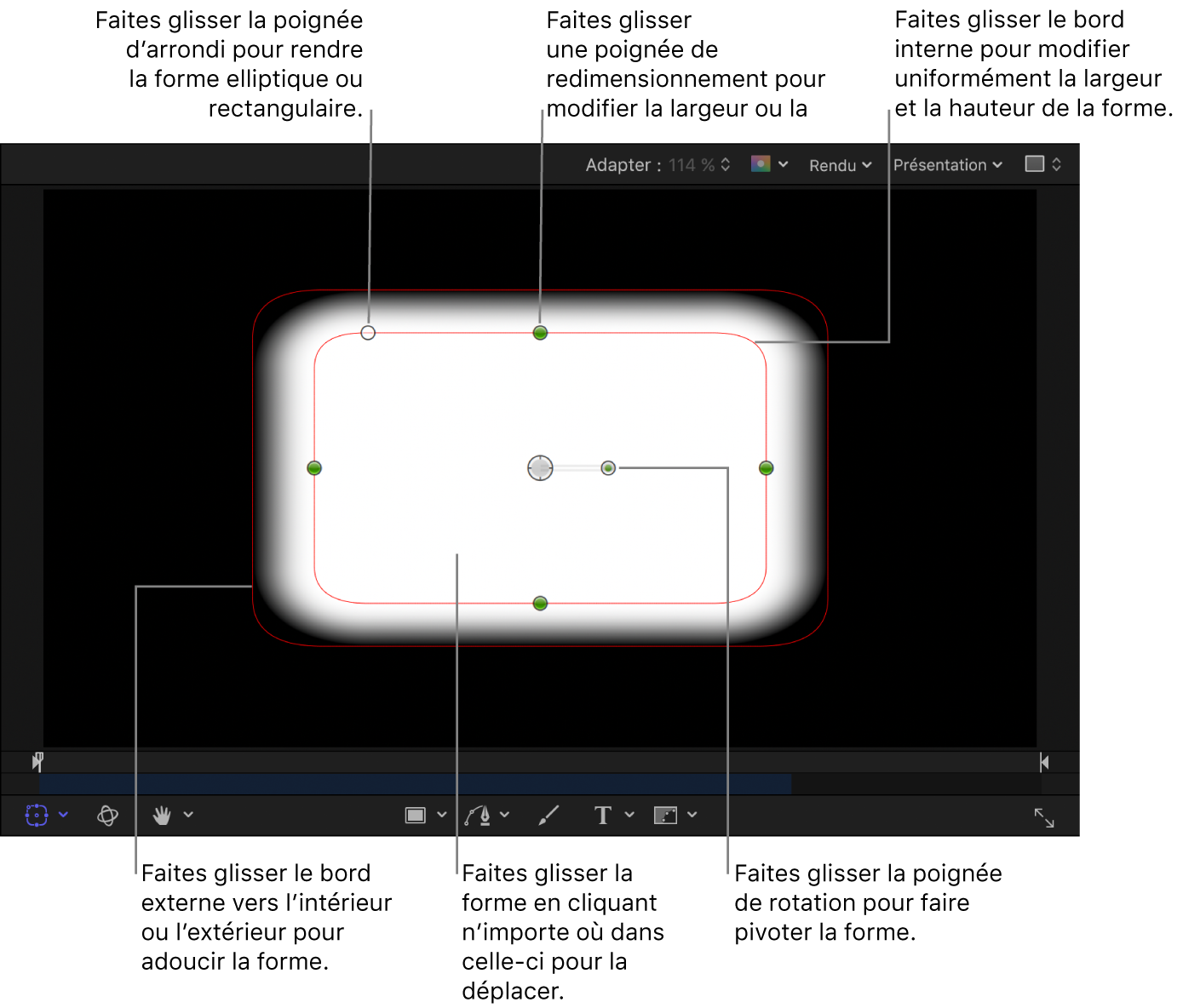 Commandes à l’écran permettant de régler la taille, l’adoucissement des bords, la rondeur et la rotation d’une forme simple