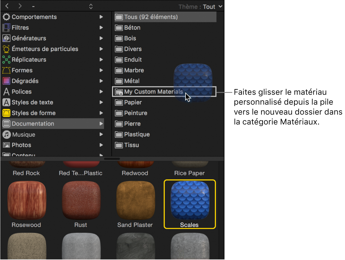 Matériau personnalisé glissé sur un nouveau dossier dans la bibliothèque Matériaux
